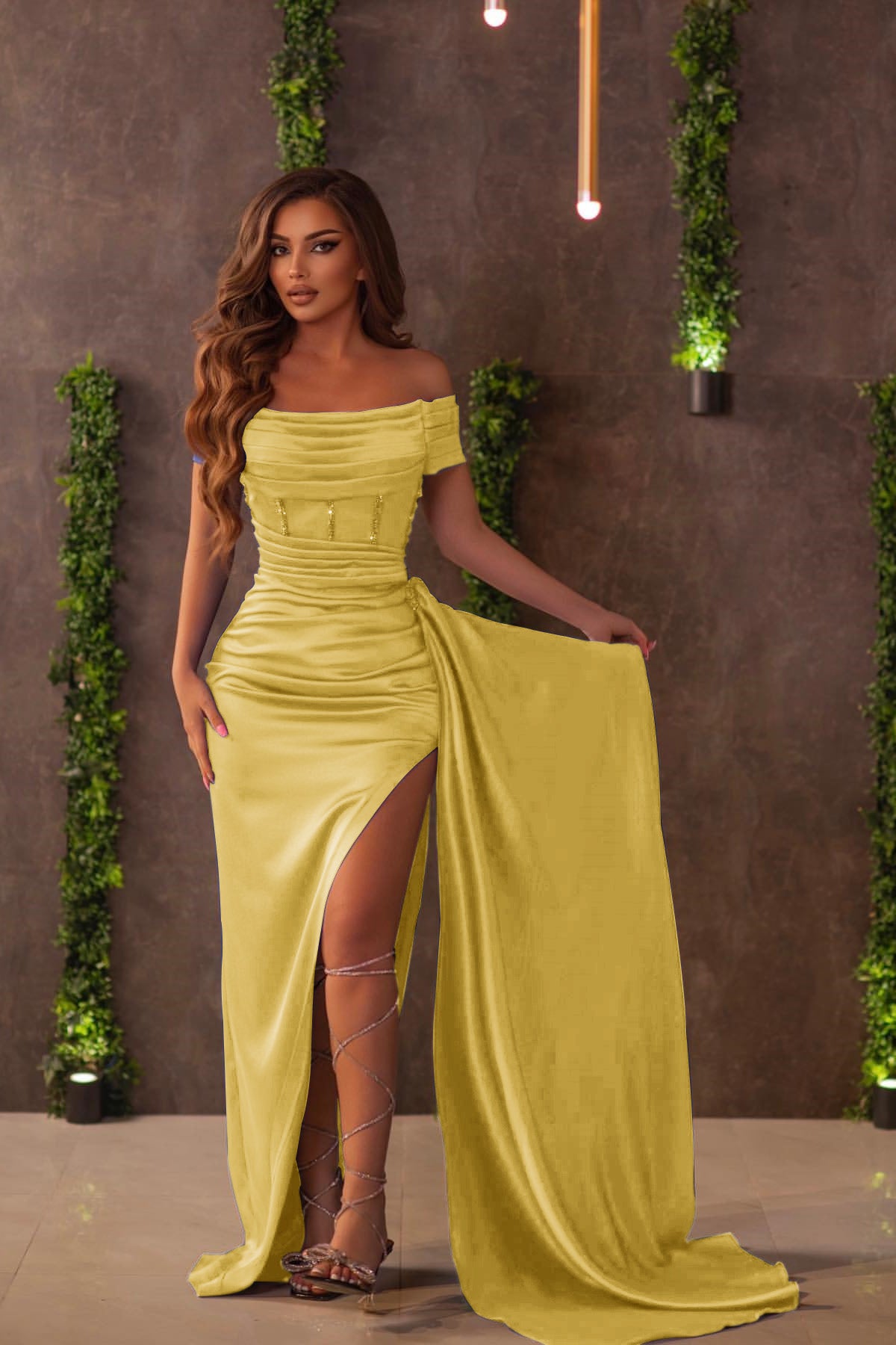 Royal Blue Off-the-Shoulder Slit Evening Dress With Ruffles