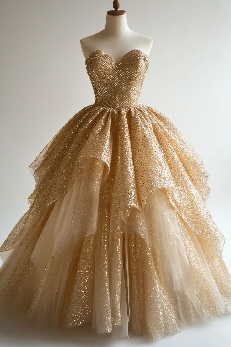 Golden A Line Sweetheart Neck Sequin Tulle Long Prom Dress Evening Dress SH2543