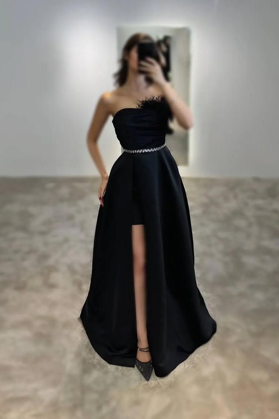 Beautiful Black Satin Sleeveless Strapless Long Split Prom Dress with Feathers