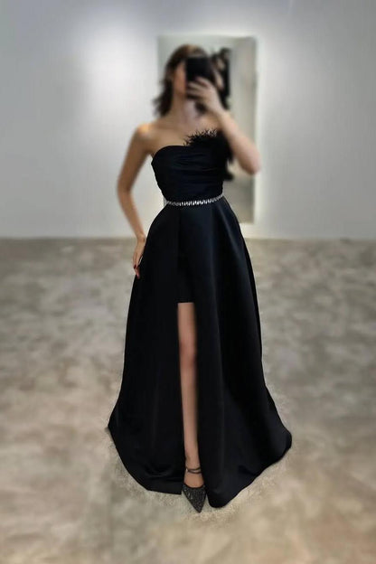 Beautiful Black Satin Sleeveless Strapless Long Split Prom Dress with Feathers