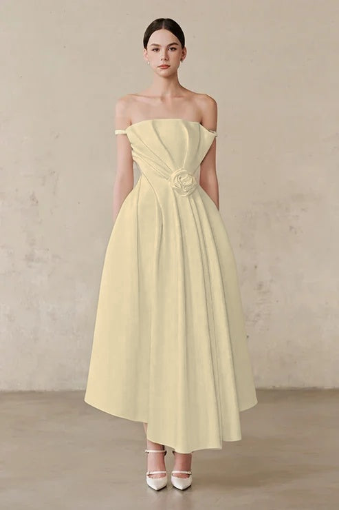 Ivory Off-the-Shoulder A-Line Evening Dress With Pleated