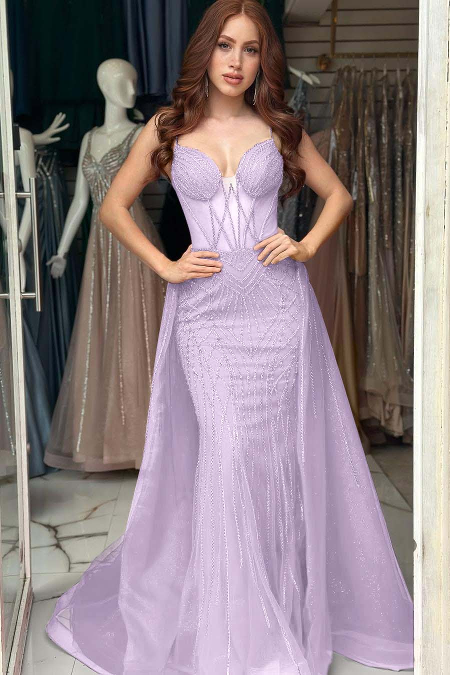 Elegant Red Sequins Spaghtti Strap Sleeveless Sweetheart Prom Dress with Detachable Train