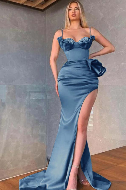 Dusty Sage Spaghetti-Straps Prom Dress Mermaid Split With Beadings Ruffles