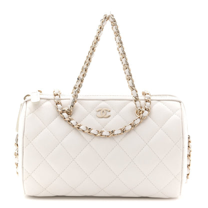 Caviar Quilted Barrel Clutch With Chain White