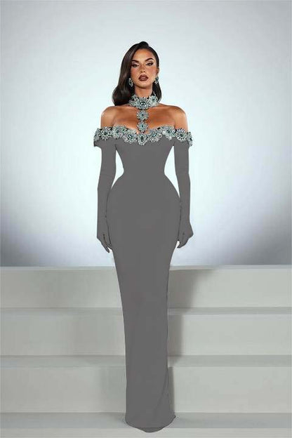Charming Black Satin Long Sleeves Off the Shoulder Prom Dress with Beadings