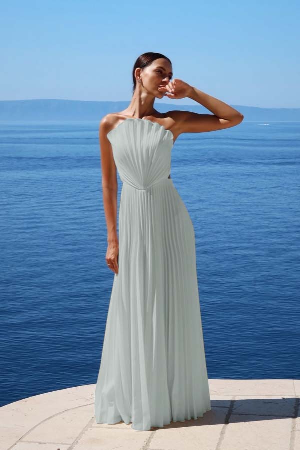 Simple White Sleeveless Strapless Long Prom Dress With Pleated