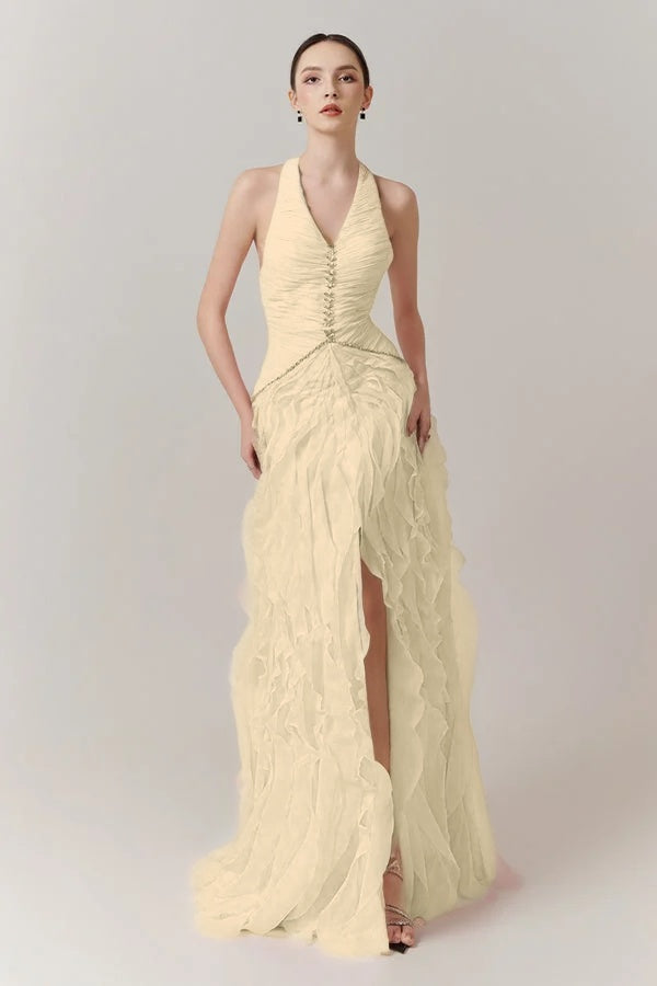 Blushing Pink Halter Strap Pleated V-Neck Split Evening Dress With Beads