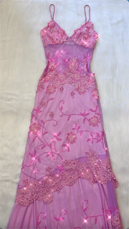 Beautiful A Line Spaghetti Straps Pink Long Prom Dresses Backless Tulle Evening Gowns P2315