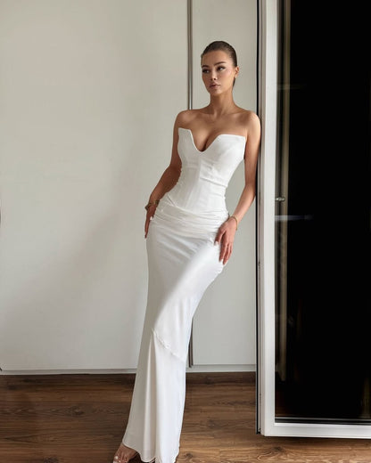 Charming White Satin Sleeveless V Neck Slim Long Prom Dress with Scarf