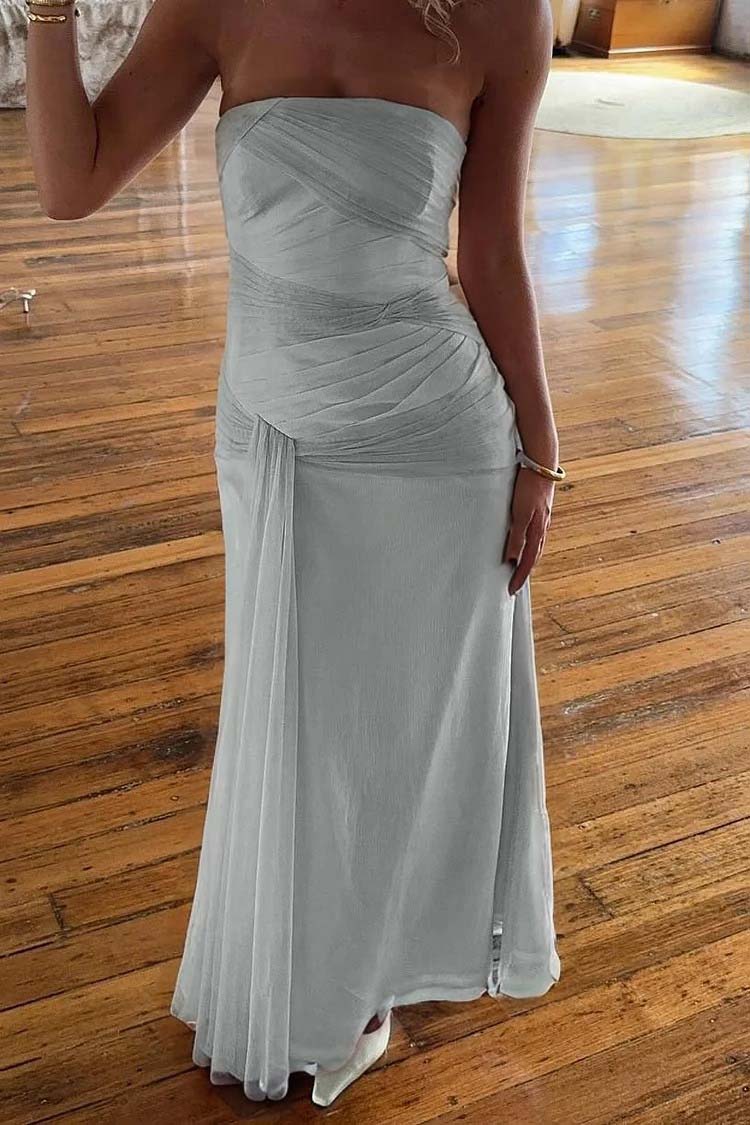 Chic Strapless Sleeveless Long Mermaid Prom Dress With Pleated