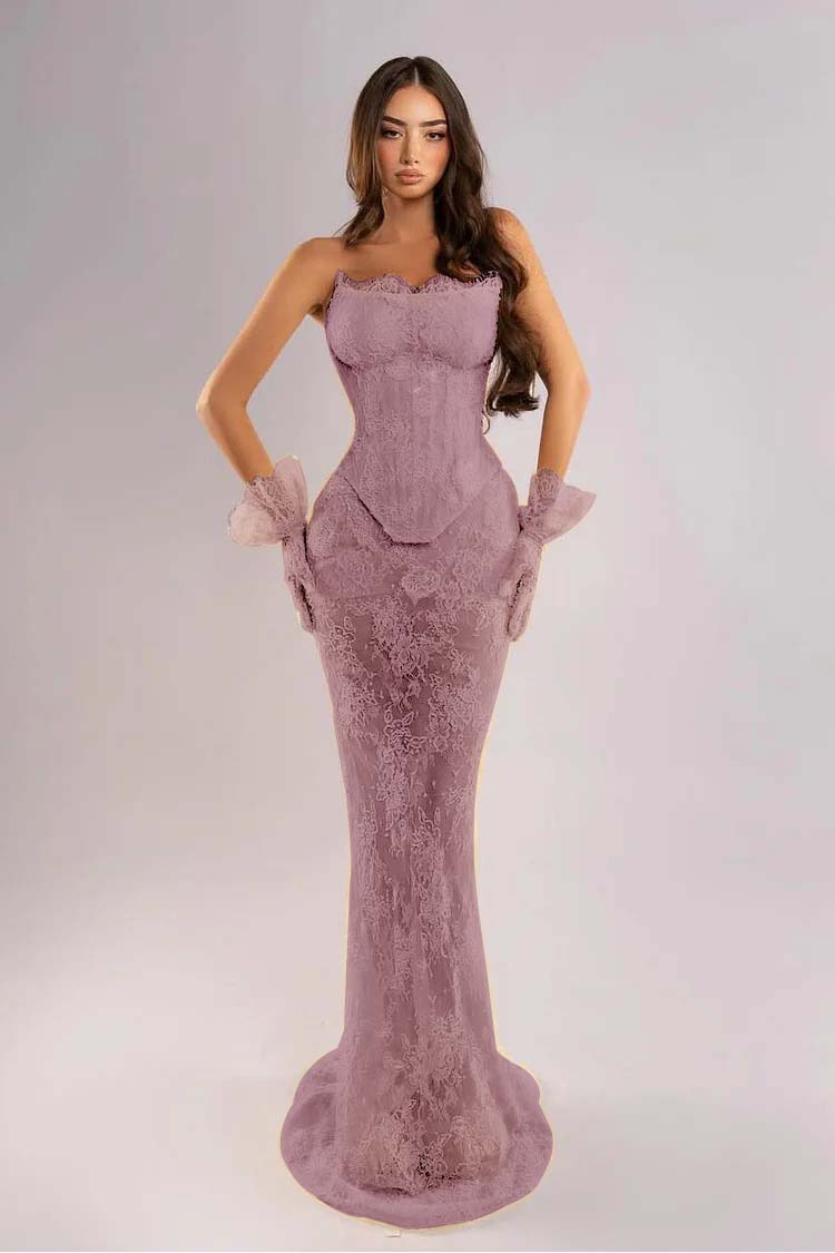 Strapless Sleeveless Long Mermaid Evening Dress With Lace Embroidery Gloves