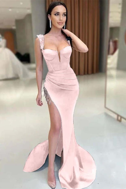 V-Neck Split Mermaid Sleeveless Prom Dress With Beadings On Sale Black Gorgeous