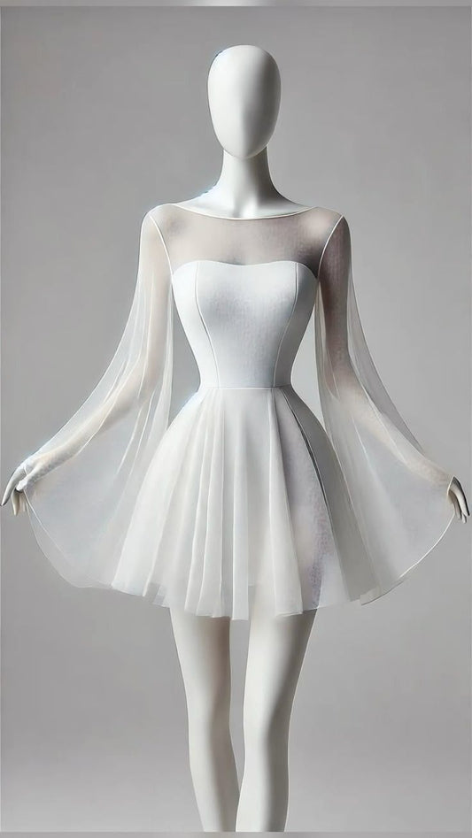 Simple White A Line Round Neck Long Sleeve Chiffon Satin Homecoming Dress Outfits SH4353