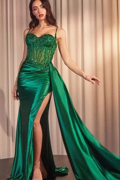 Elegant Spaghetti Straps Exquisite Embroidery Split Prom Dress With Side Trail