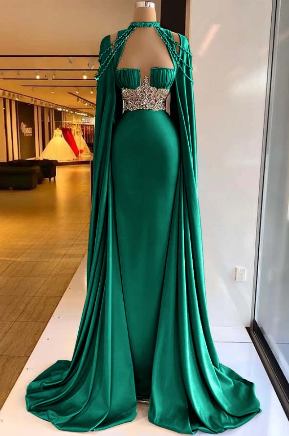Elegant Straps Square Sage Green Mermaid Evening Dress With Beads