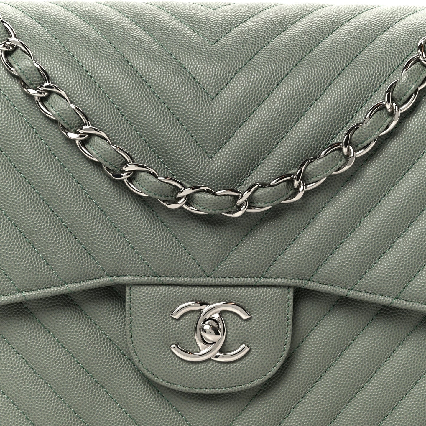 Caviar Chevron Quilted Jumbo Double Flap Green