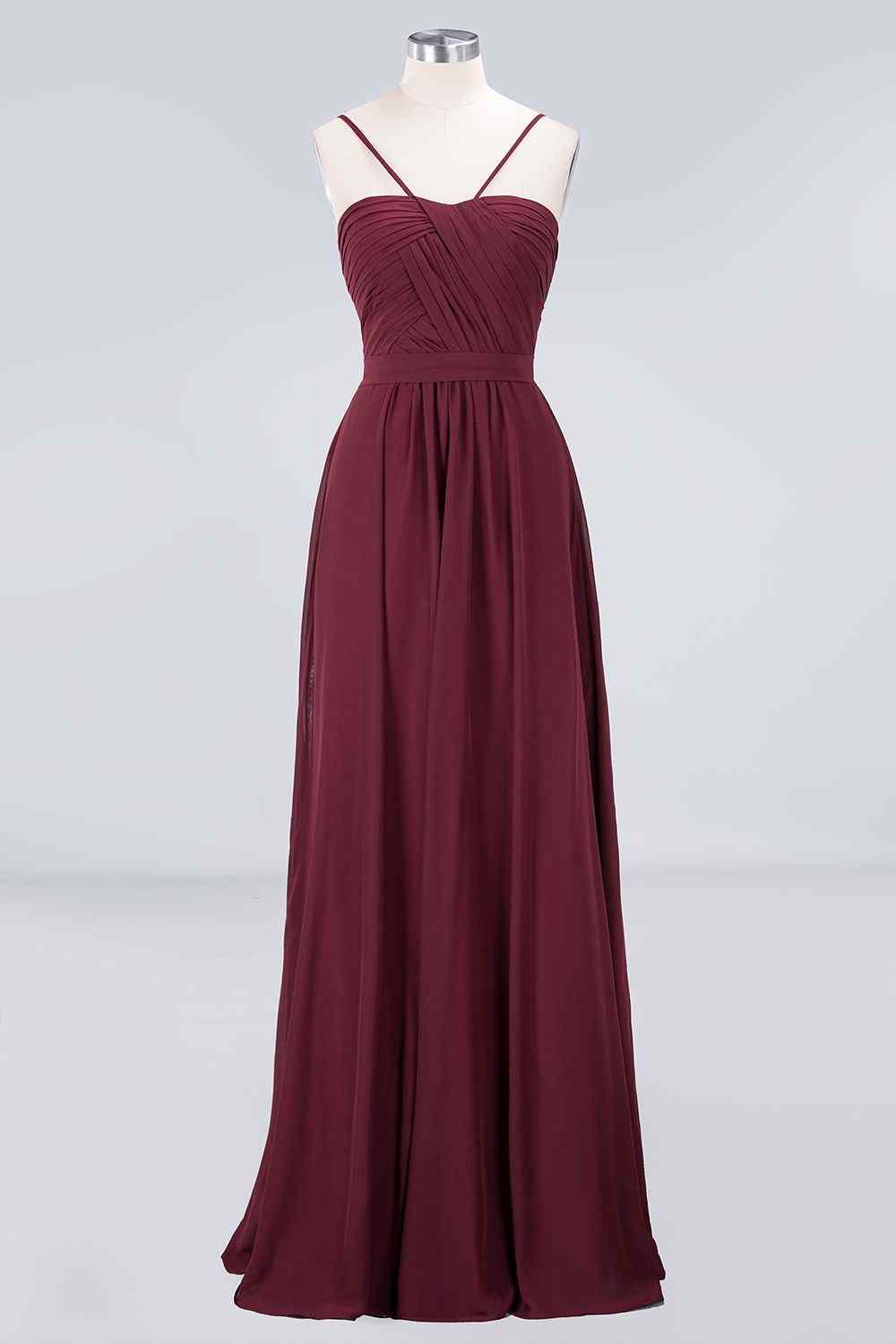 Burgundy A-line Spaghetti Straps Pleated Chiffon Long Bridesmaid Dress