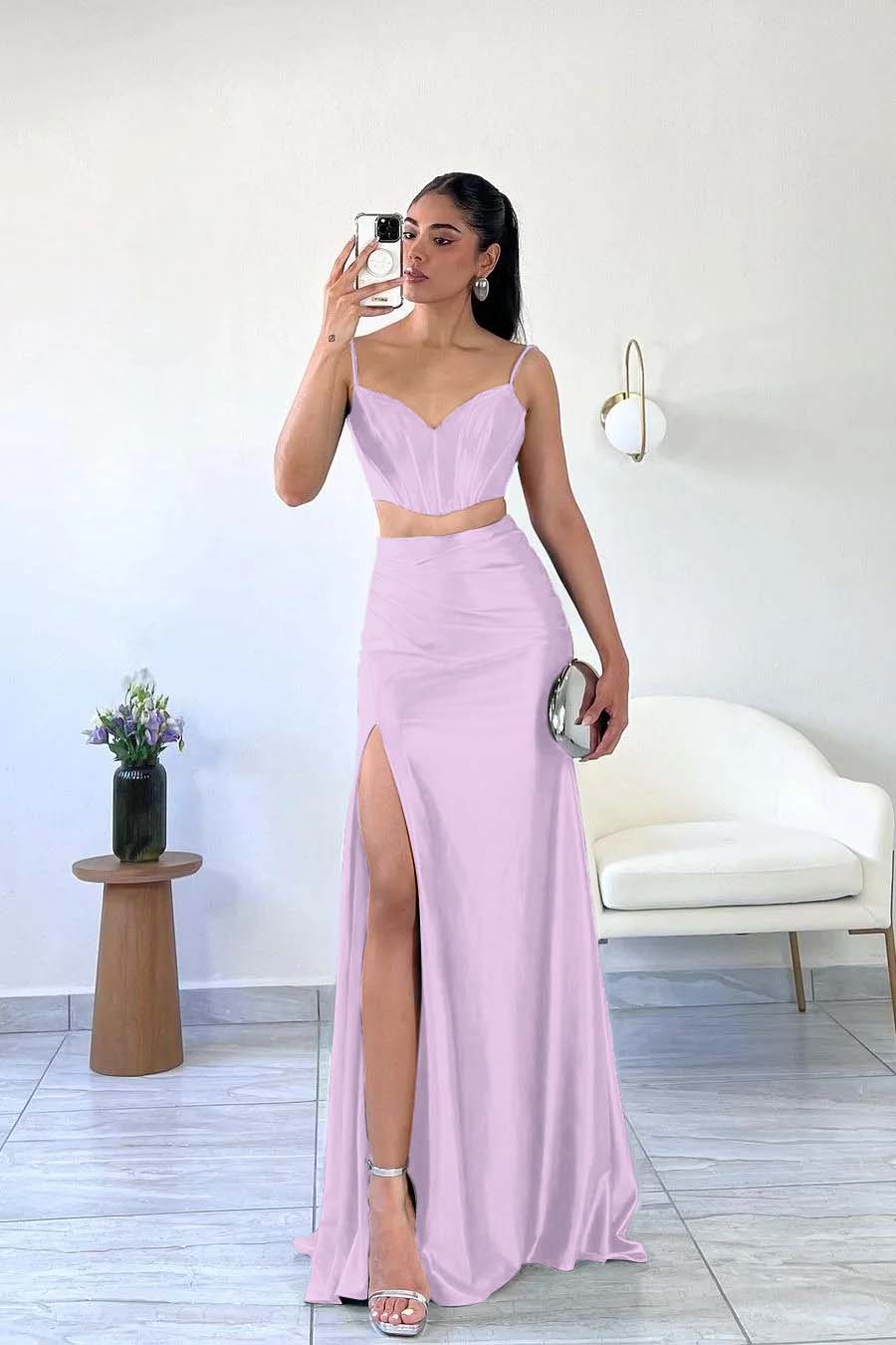Simple Dark Green Satin Spaghetti Strap Sleeveless Long Prom Dress with Split