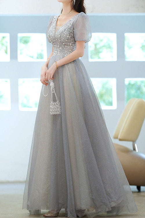Grey V-Neck Long Evening Dress With Short Sleeves Sequins Elegant