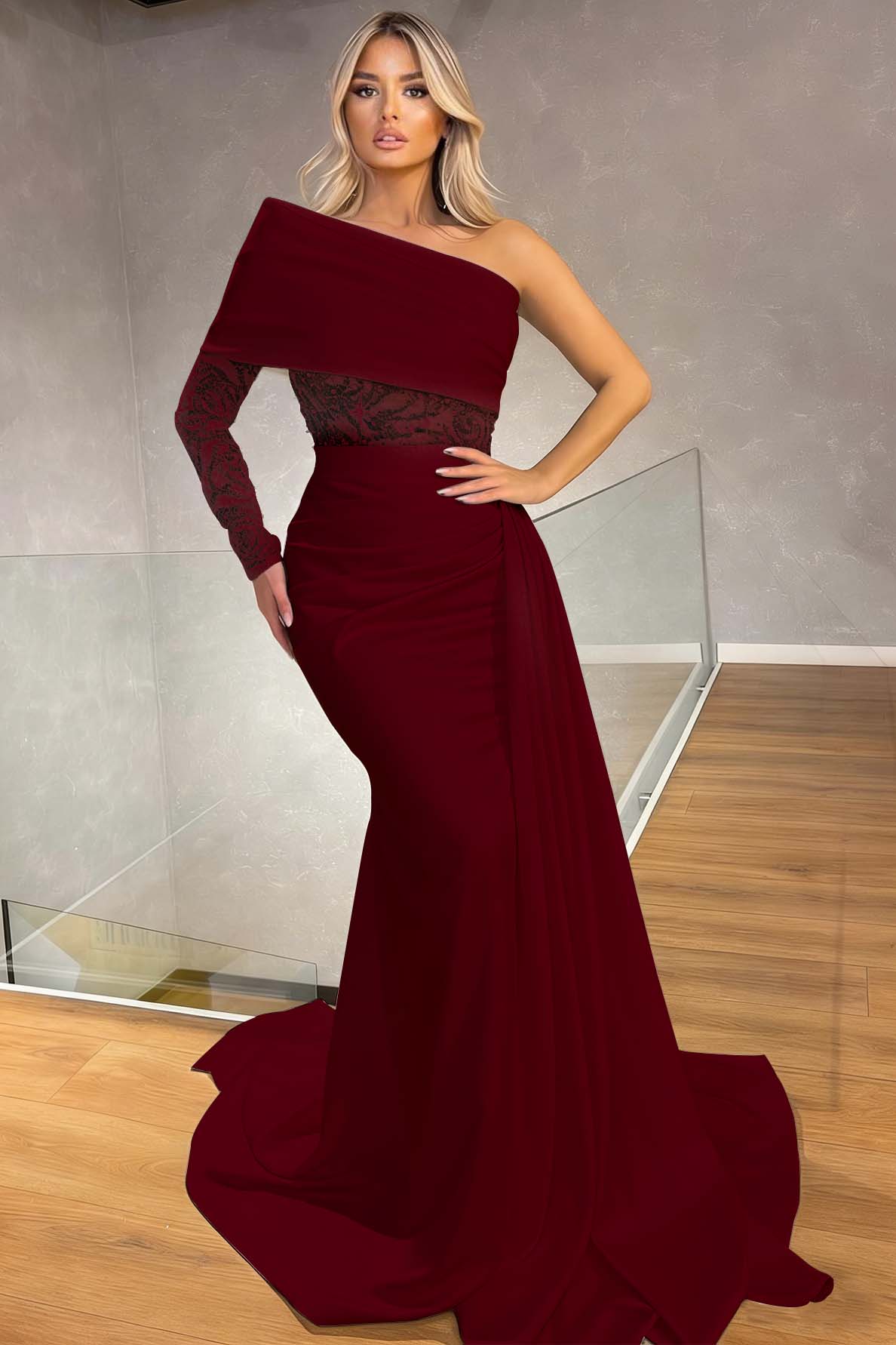 Sexy One Shoulder Long Sleeve Mermaid Evening Dress With Ruffles Sequins
