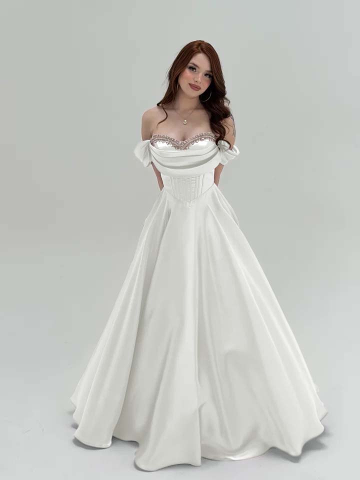 Elegant Off-The-Shoulder Beadings A-Line Pletaed Evening Dress