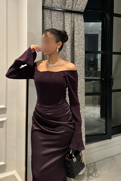 Chic Satin Regency Off the Shoulder Long Sleeves Mermaid Prom Dress with Pleated