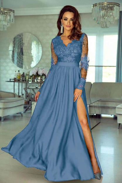 V-Neck Long Sleeve Lace Prom Dress With Slit