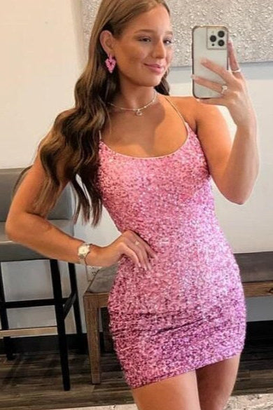 Hot Pink Straps Sequins Homecoming Dress