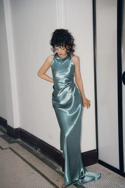 Elegant Turquoise Fitted High-Neck Halter Neck Satin Long Prom Dress Evening Dress Bridesmaid Dress P4099