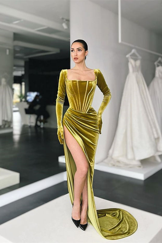 Square Long Sleeves Prom Dress With Slit