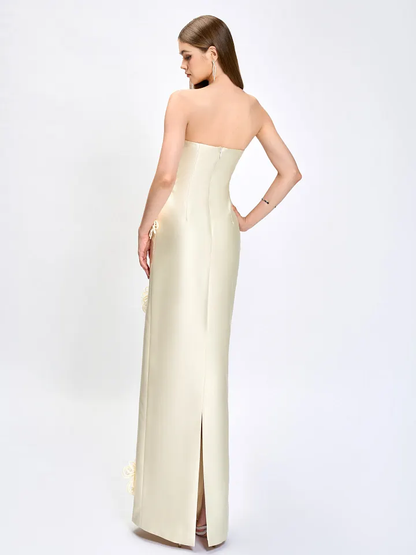 Elegant Ivory Strapless Evening Dress Column Floor Length in Satin with Flower