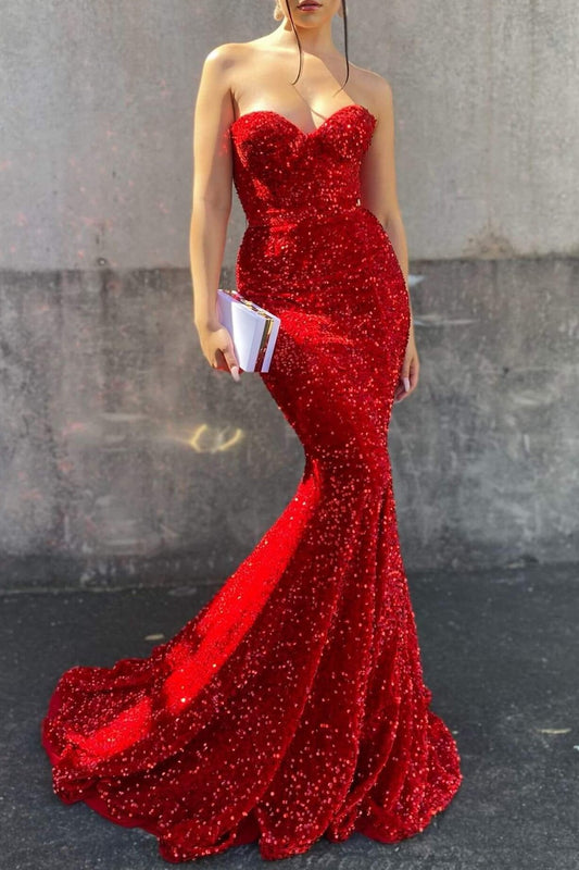 Red Sweetheart Mermaid Prom Dress With Sequins