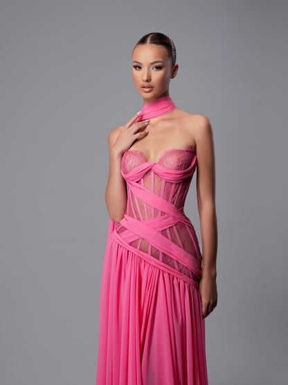 Stunning Fuchsia Chiffon Sleeveless Sweetheart Lace Prom Dress with Scarf