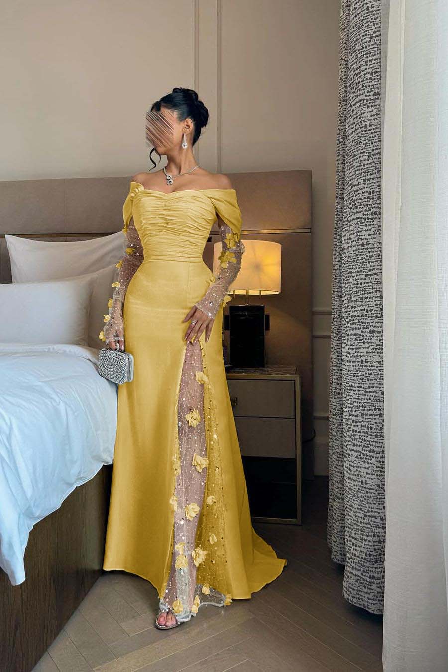 Chic Daffodil Satin Long Sleeves Off the Shoulder Pleated Prom Dress with Sequins