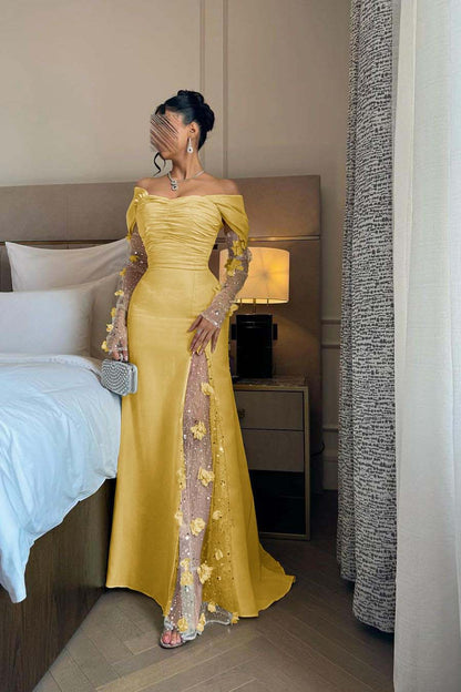 Chic Daffodil Satin Long Sleeves Off the Shoulder Pleated Prom Dress with Sequins