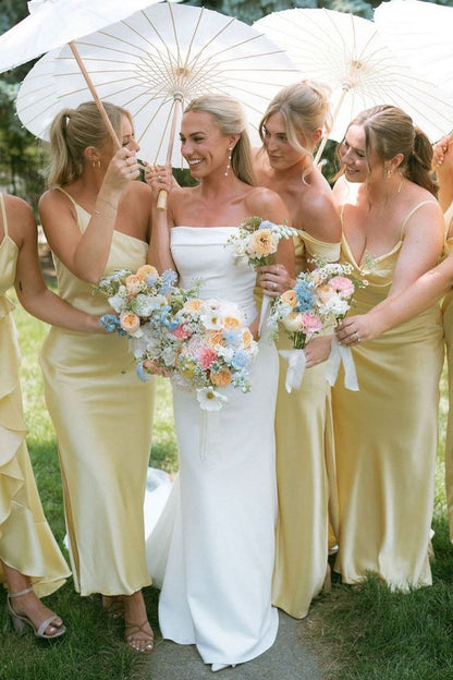 Elegant Sheath Straps Light Yellow Satin Bridesmaid Dress Evening Dress SH3197
