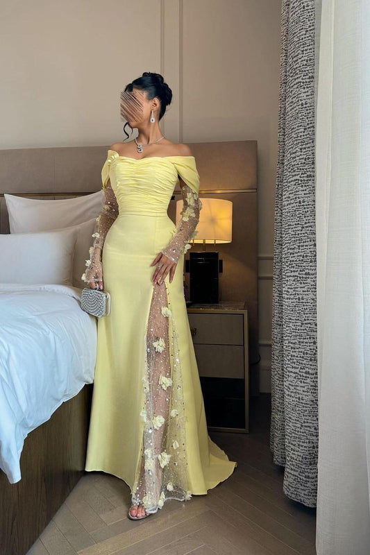 Chic Daffodil Satin Long Sleeves Off the Shoulder Pleated Prom Dress with Sequins