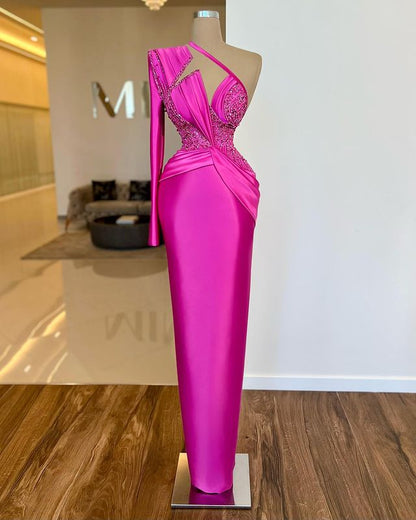 Noble Fuchsia One Shoulder Long Sleeve  Mermaid Evening  Dress With Beads