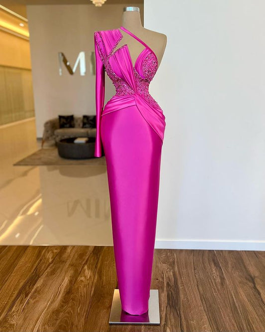 Noble Fuchsia One Shoulder Long Sleeve  Mermaid Evening  Dress With Beads