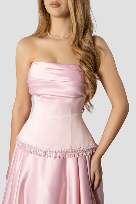 Baby Pink Strapless Evening Dress A-Line Sleeveless in Satin With Beading