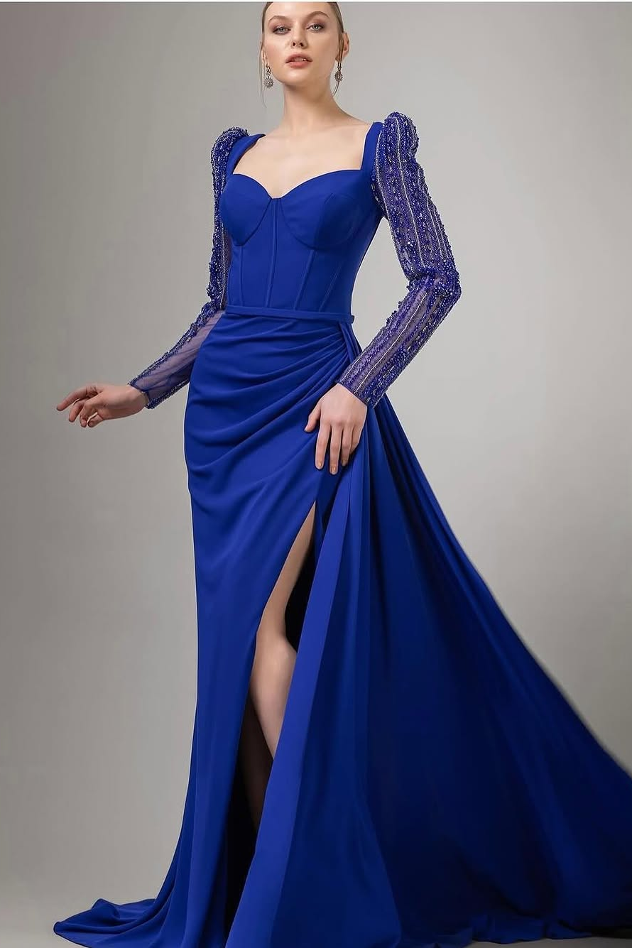 Royal Blue Long Sleeves Sweetheart Mermaid Beads Prom Dress
