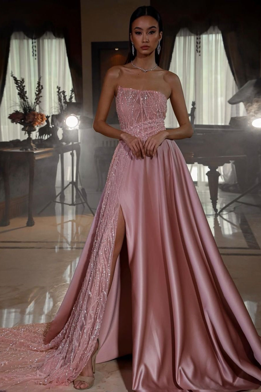 Pink Strapless A-Line Sleeveless Sequins Prom Dress With Split