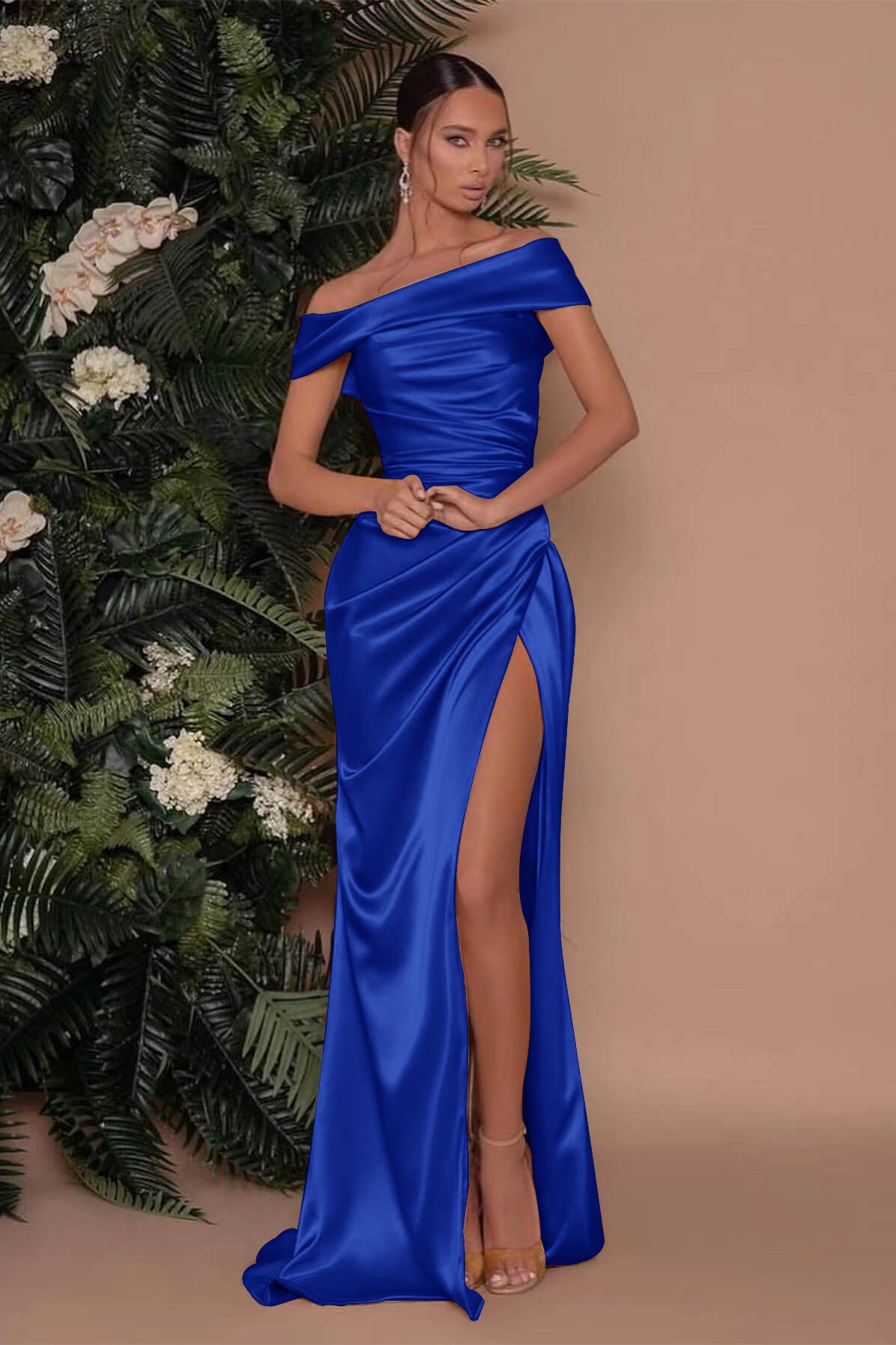 Champagne Off The Shoulder Prom Dress Charmeuse Slit Mermaid