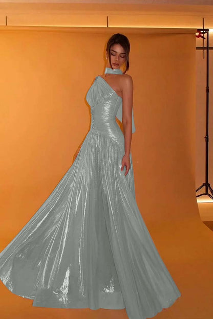 Charming One Shoulder Sleeveless Beaded Pleated Eevening Dress with Scarf