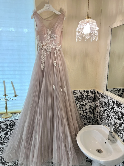 Dusty Rose Quartz A Line Round Neck White Appliques Tulle Long Party Dress Prom Dress Formal Dress SH3854