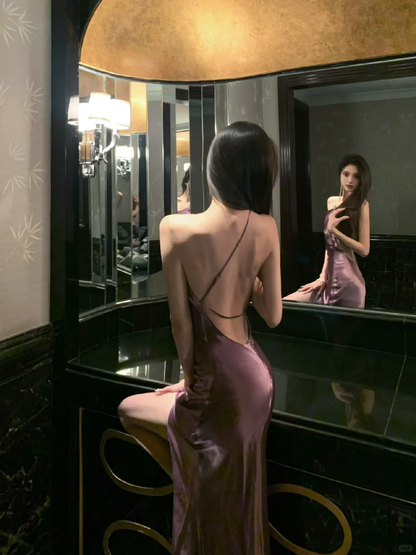 Sexy Purple A Line One Shoulder Satin Open Back Prom Dress Evening Dress Date Dress with Slit SH4905