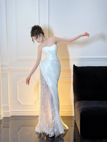 White Mermaid Strapless Floral Pleated Satin Tulle Long Prom Dress Party Dress SH4687