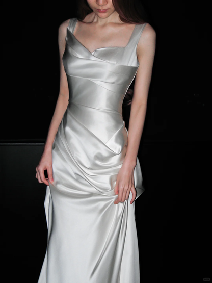 Classy White A Line Straps Satin Simple Pleated Long Wedding Dress SH4713