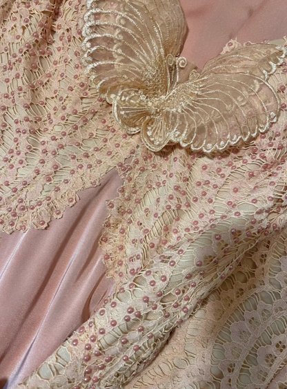 Vintage Mermaid V Neck Lace Pink Satin Prom Dress Wedding Guest Dress SH4655