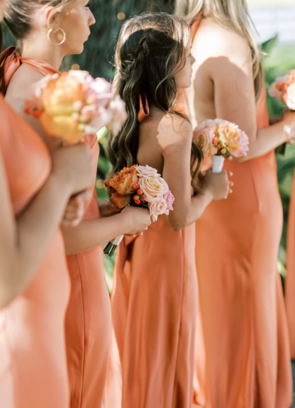 Elegant Sheath Halter Orange Satin Open Back Long Bridesmaid Dress Graduation Prom Dress SH2593